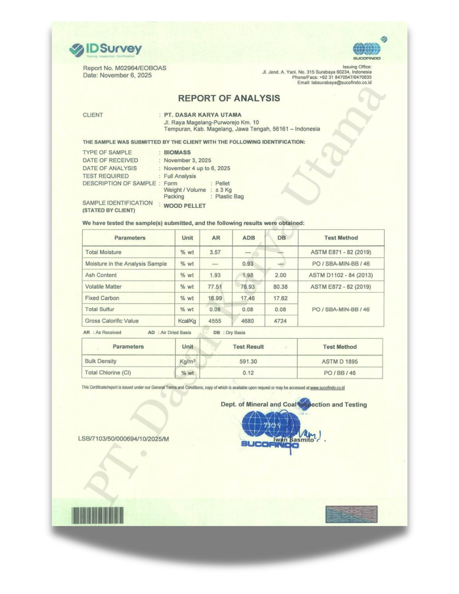 report of analysis wood pellet